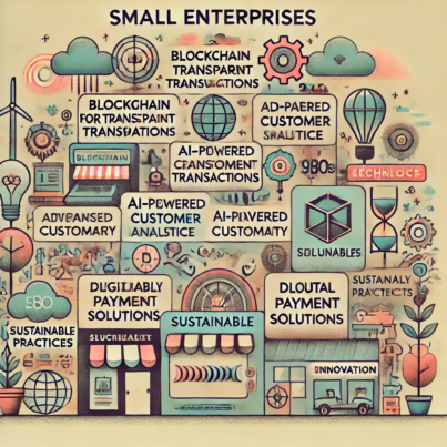 DALL·E 2024-06-26 12.46.21 - A 1980s style illustration depicting small enterprises leveraging technology for stability and trust. The image includes elements like blockchain for