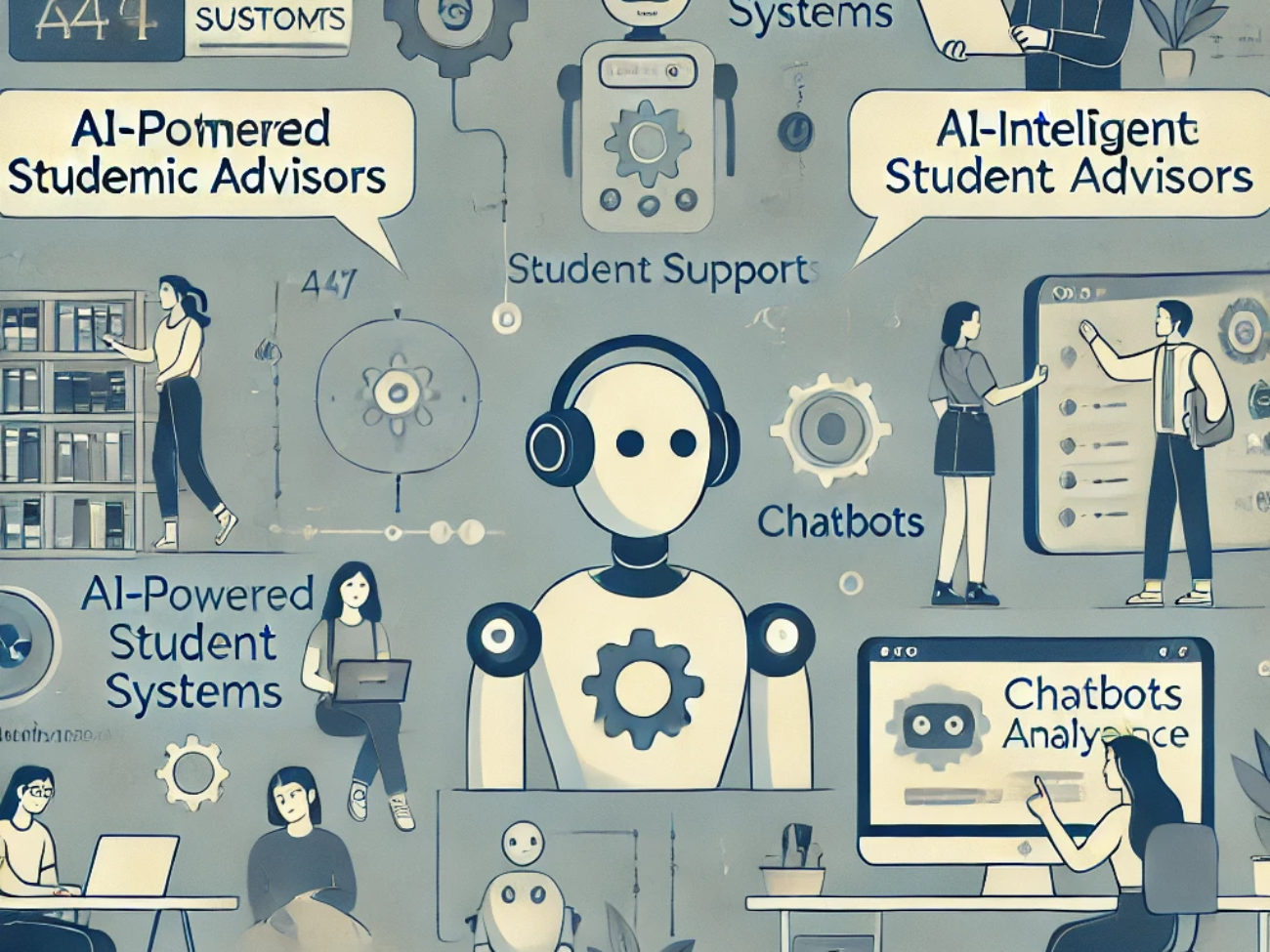 DALL·E 2024-06-26 12.54.47 - A subtle illustration depicting various automated student support systems in online education. The image includes elements like AI-powered academic ad