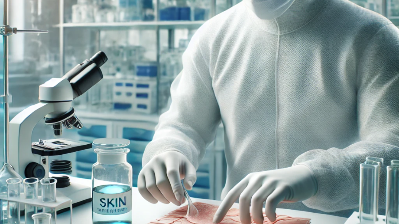 DALL·E 2024-06-26 14.59.13 - A realistic illustration of tissue engineering and regenerative medicine. The image shows a scientist in a lab working with lab-grown skin tissue, whi