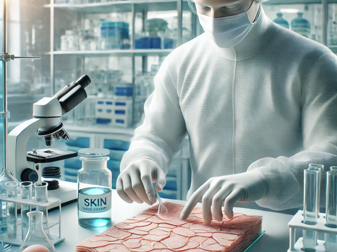 DALL·E 2024-06-26 14.59.13 - A realistic illustration of tissue engineering and regenerative medicine. The image shows a scientist in a lab working with lab-grown skin tissue, whi