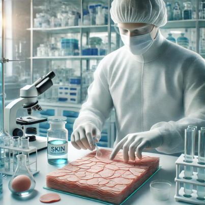 DALL·E 2024-06-26 14.59.13 - A realistic illustration of tissue engineering and regenerative medicine. The image shows a scientist in a lab working with lab-grown skin tissue, whi