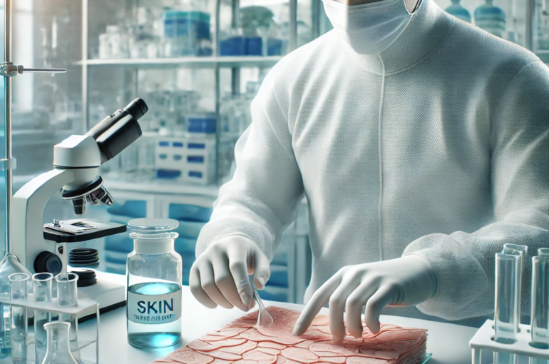 DALL·E 2024-06-26 14.59.13 - A realistic illustration of tissue engineering and regenerative medicine. The image shows a scientist in a lab working with lab-grown skin tissue, whi