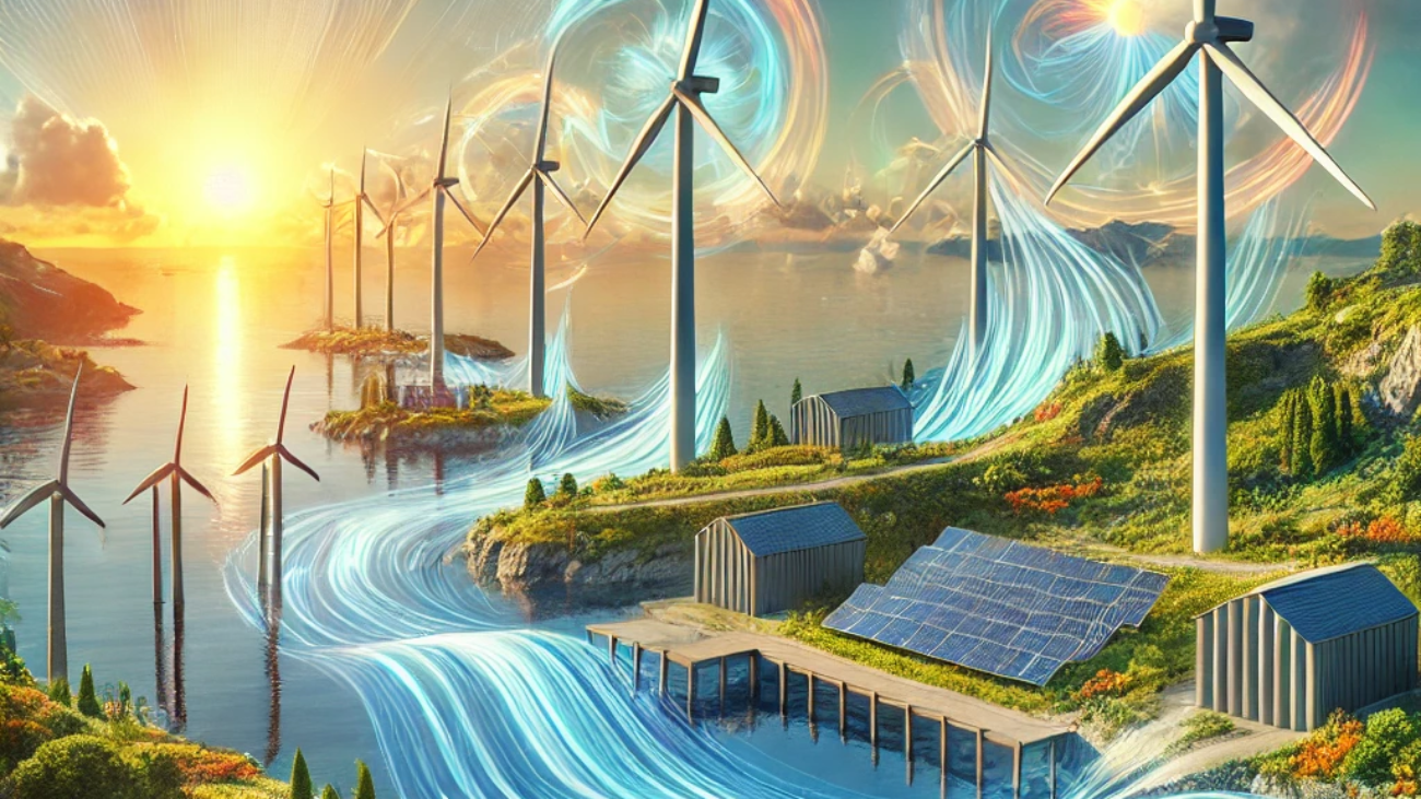 DALL·E 2024-06-26 15.24.28 - A modern wind farm on a sunny coastline with wind turbines and solar panels. The scene is realistic but includes some fantastical elements such as dyn