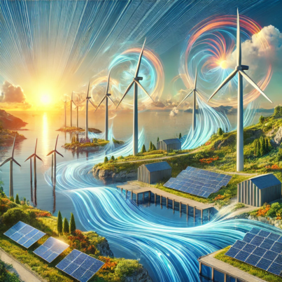 DALL·E 2024-06-26 15.24.28 - A modern wind farm on a sunny coastline with wind turbines and solar panels. The scene is realistic but includes some fantastical elements such as dyn
