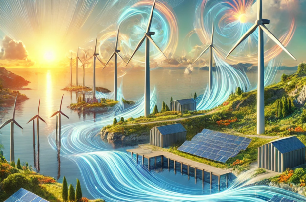 DALL·E 2024-06-26 15.24.28 - A modern wind farm on a sunny coastline with wind turbines and solar panels. The scene is realistic but includes some fantastical elements such as dyn