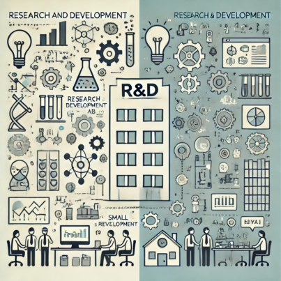 DALL·E 2024-06-26 16.47.27 - A minimalistic image representing the application of research and development principles in small businesses. On one side, depict a simple outline of