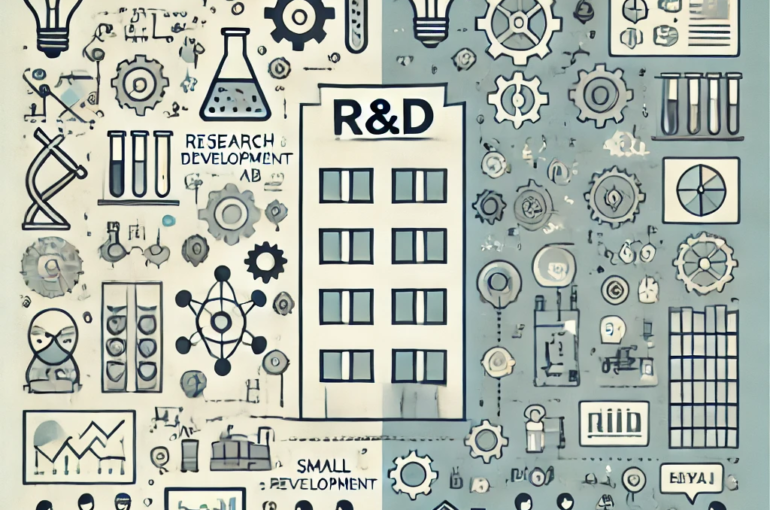 DALL·E 2024-06-26 16.47.27 - A minimalistic image representing the application of research and development principles in small businesses. On one side, depict a simple outline of