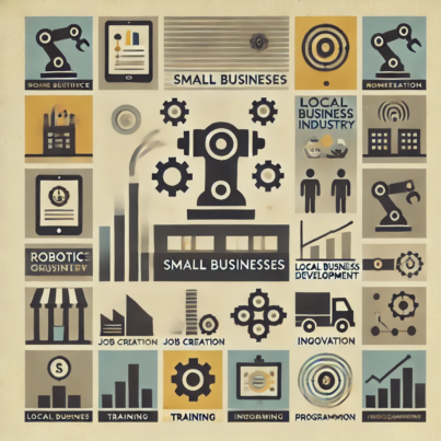 DALL·E 2024-06-26 18.51.17 - A 1970s themed minimal and subtle square illustration representing the rise of small businesses in the robotics industry. The illustration should feat