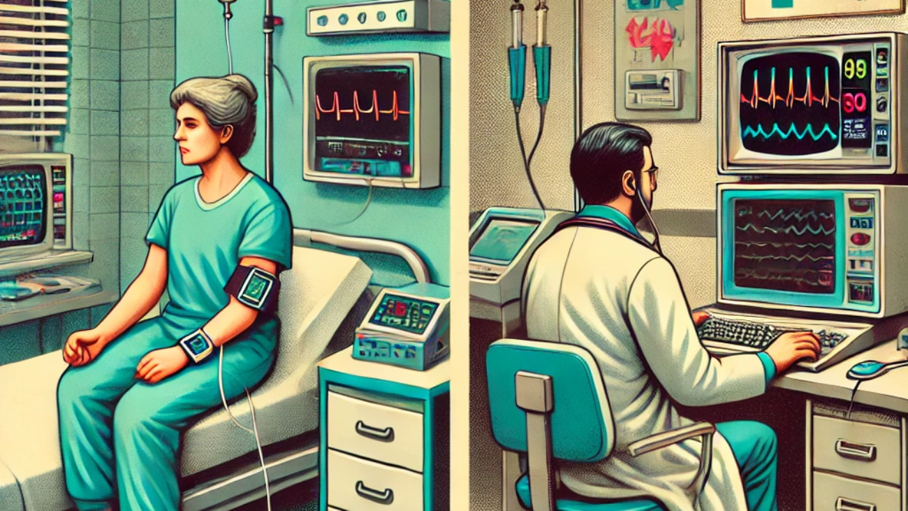 DALL·E 2024-06-27 09.43.02 - A 1980s-themed illustration of a telemedicine monitoring setup. The scene shows a patient at home wearing a wearable medical device connected to a vin