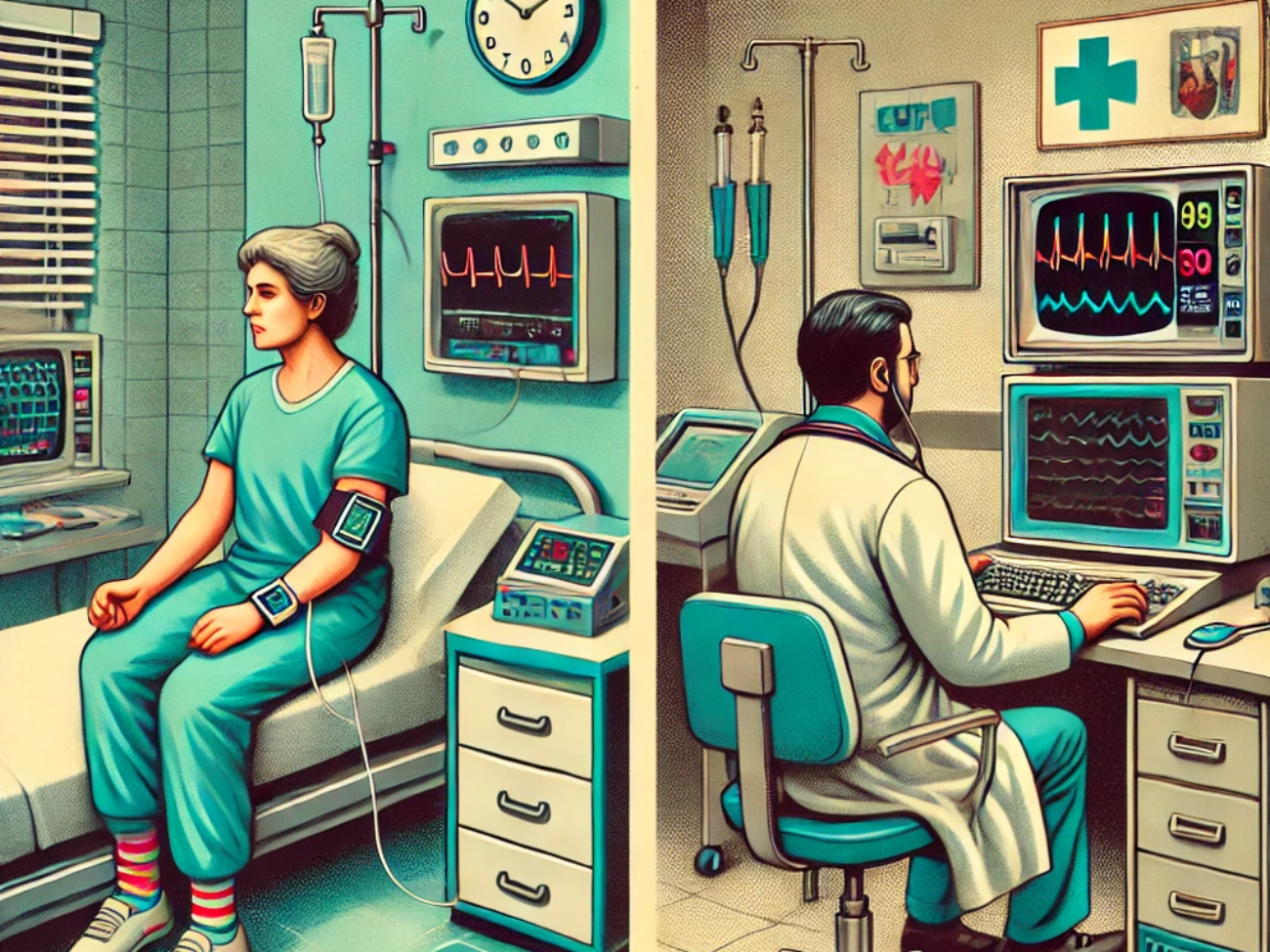 DALL·E 2024-06-27 09.43.02 - A 1980s-themed illustration of a telemedicine monitoring setup. The scene shows a patient at home wearing a wearable medical device connected to a vin