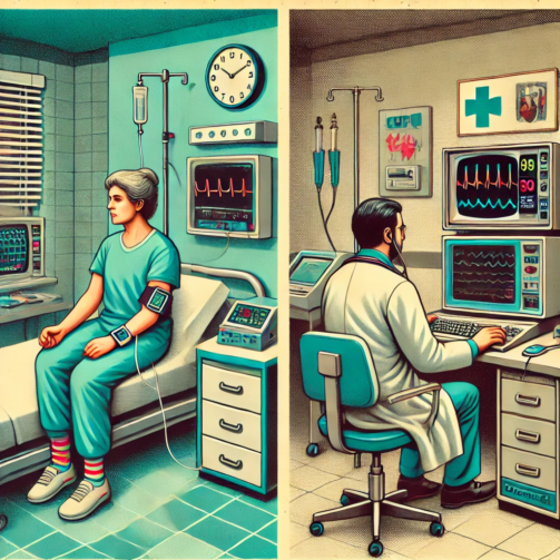 DALL·E 2024-06-27 09.43.02 - A 1980s-themed illustration of a telemedicine monitoring setup. The scene shows a patient at home wearing a wearable medical device connected to a vin