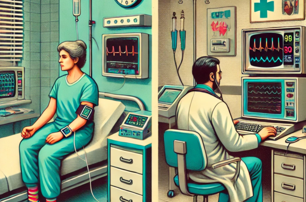 DALL·E 2024-06-27 09.43.02 - A 1980s-themed illustration of a telemedicine monitoring setup. The scene shows a patient at home wearing a wearable medical device connected to a vin