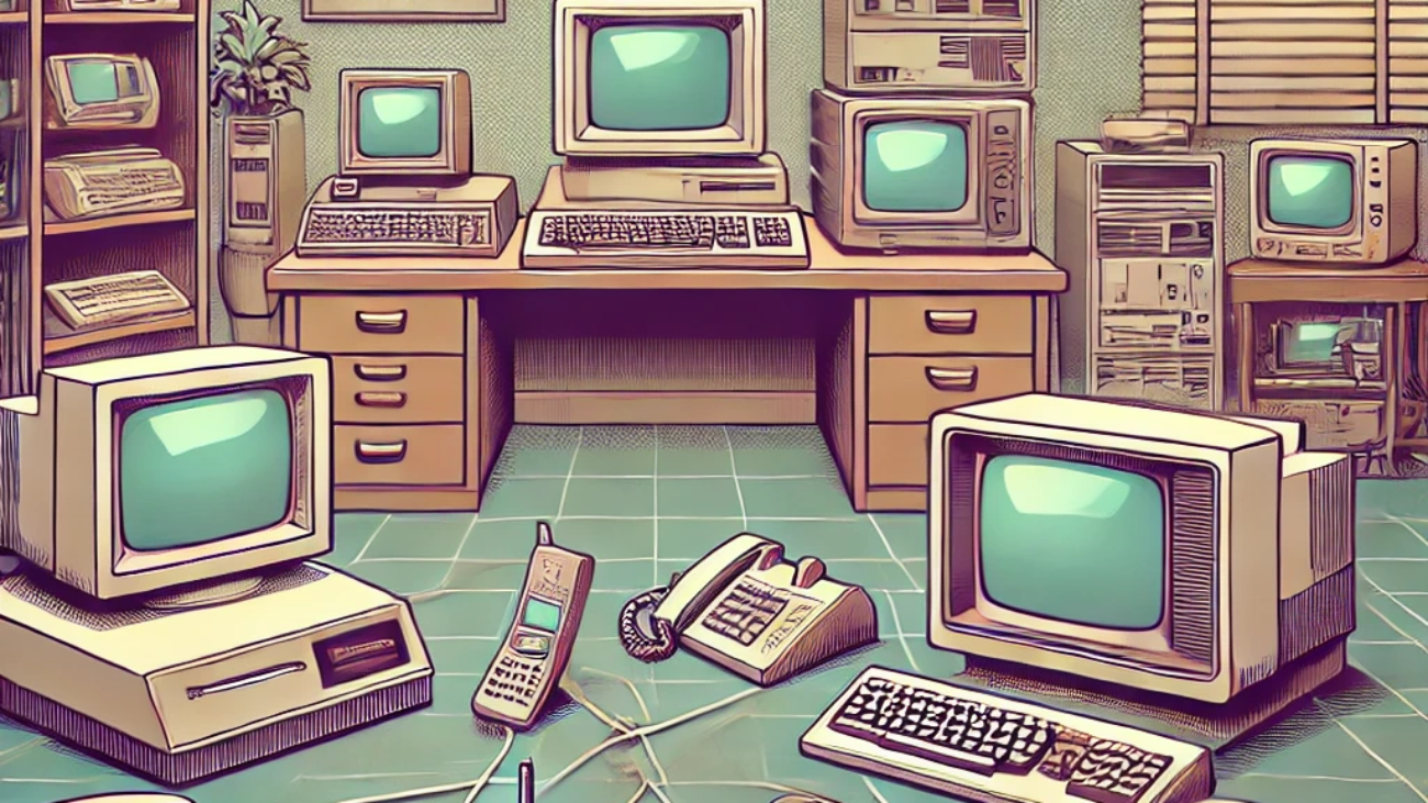 DALL·E 2024-06-27 09.54.05 - A 1980s-themed illustration of an office with multiple connected devices. The scene includes vintage computers, early mobile phones, and other electro