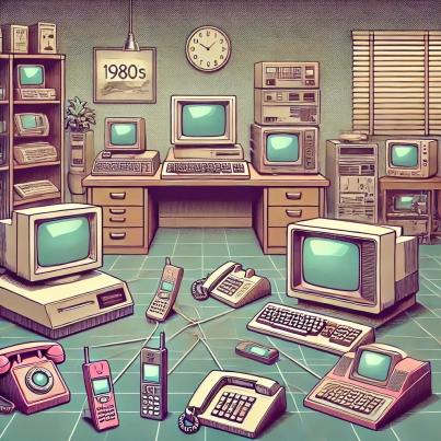 DALL·E 2024-06-27 09.54.05 - A 1980s-themed illustration of an office with multiple connected devices. The scene includes vintage computers, early mobile phones, and other electro