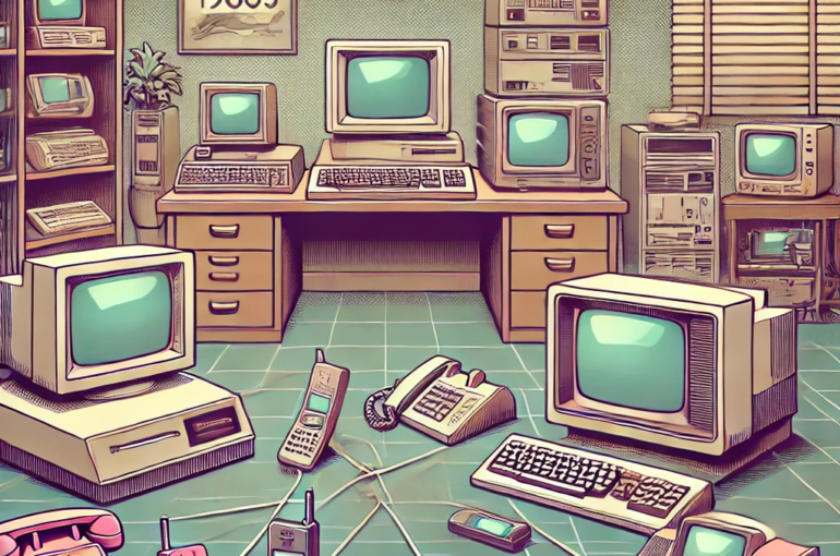 DALL·E 2024-06-27 09.54.05 - A 1980s-themed illustration of an office with multiple connected devices. The scene includes vintage computers, early mobile phones, and other electro