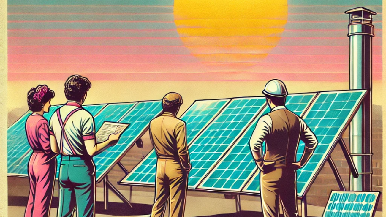 DALL·E 2024-06-27 10.03.58 - A 1980s-themed illustration of a solar power generation setup. The scene includes vintage solar panels on a rooftop with engineers in 1980s attire exa