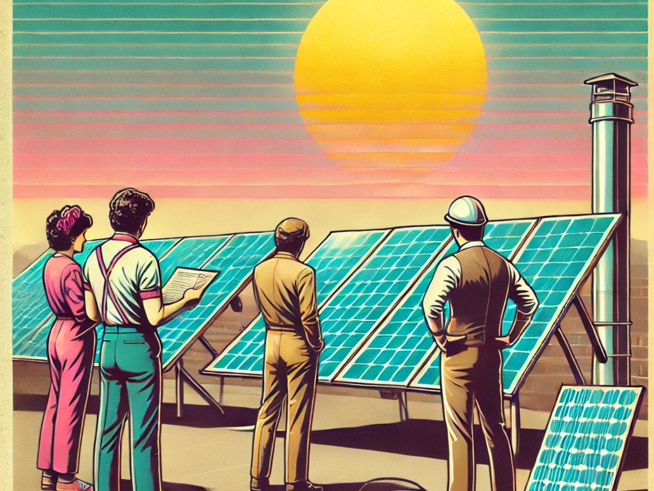 DALL·E 2024-06-27 10.03.58 - A 1980s-themed illustration of a solar power generation setup. The scene includes vintage solar panels on a rooftop with engineers in 1980s attire exa