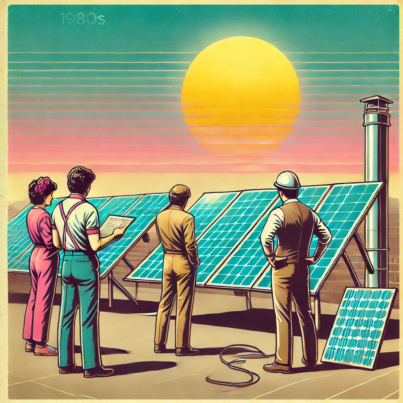 DALL·E 2024-06-27 10.03.58 - A 1980s-themed illustration of a solar power generation setup. The scene includes vintage solar panels on a rooftop with engineers in 1980s attire exa
