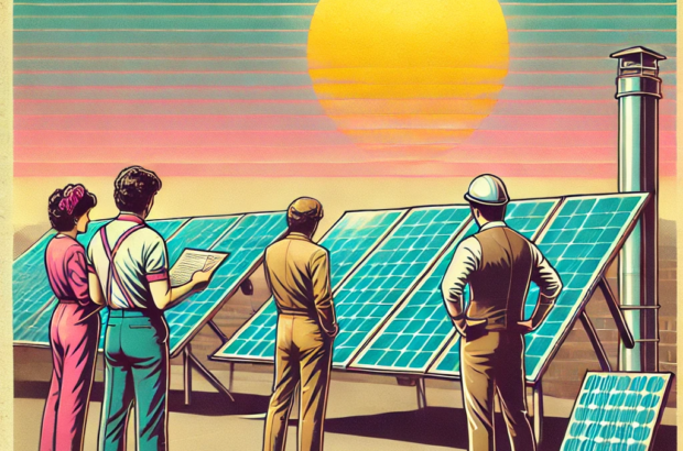 DALL·E 2024-06-27 10.03.58 - A 1980s-themed illustration of a solar power generation setup. The scene includes vintage solar panels on a rooftop with engineers in 1980s attire exa