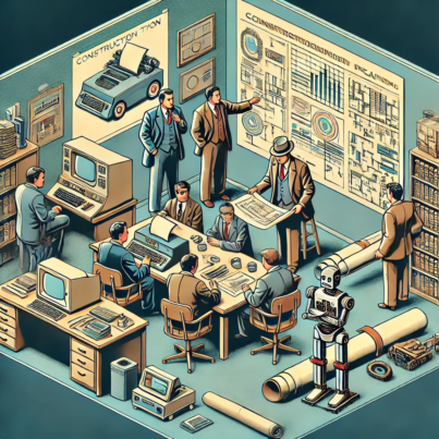 DALL·E 2024-06-27 10.12.19 - A 1980s-themed illustration of a construction planning office. The scene shows engineers and planners in vintage attire discussing blueprints and proj