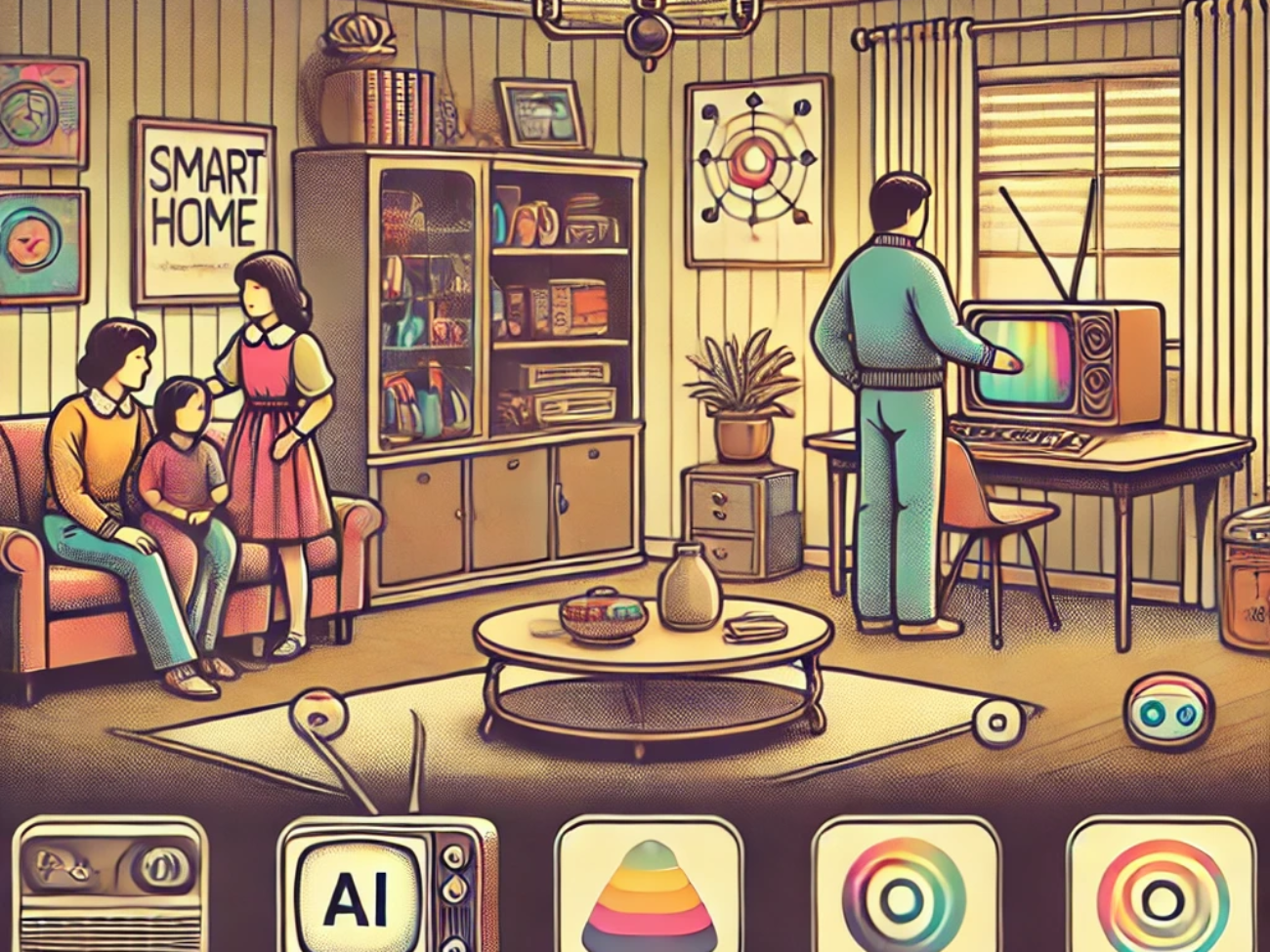 DALL·E 2024-06-27 11.18.05 - A 1980s-themed illustration of a smart home setup. The scene shows a family in a living room with vintage furniture, where AI-powered devices control