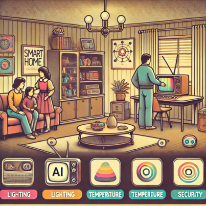 DALL·E 2024-06-27 11.18.05 - A 1980s-themed illustration of a smart home setup. The scene shows a family in a living room with vintage furniture, where AI-powered devices control