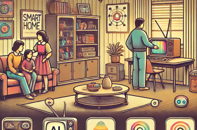 DALL·E 2024-06-27 11.18.05 - A 1980s-themed illustration of a smart home setup. The scene shows a family in a living room with vintage furniture, where AI-powered devices control