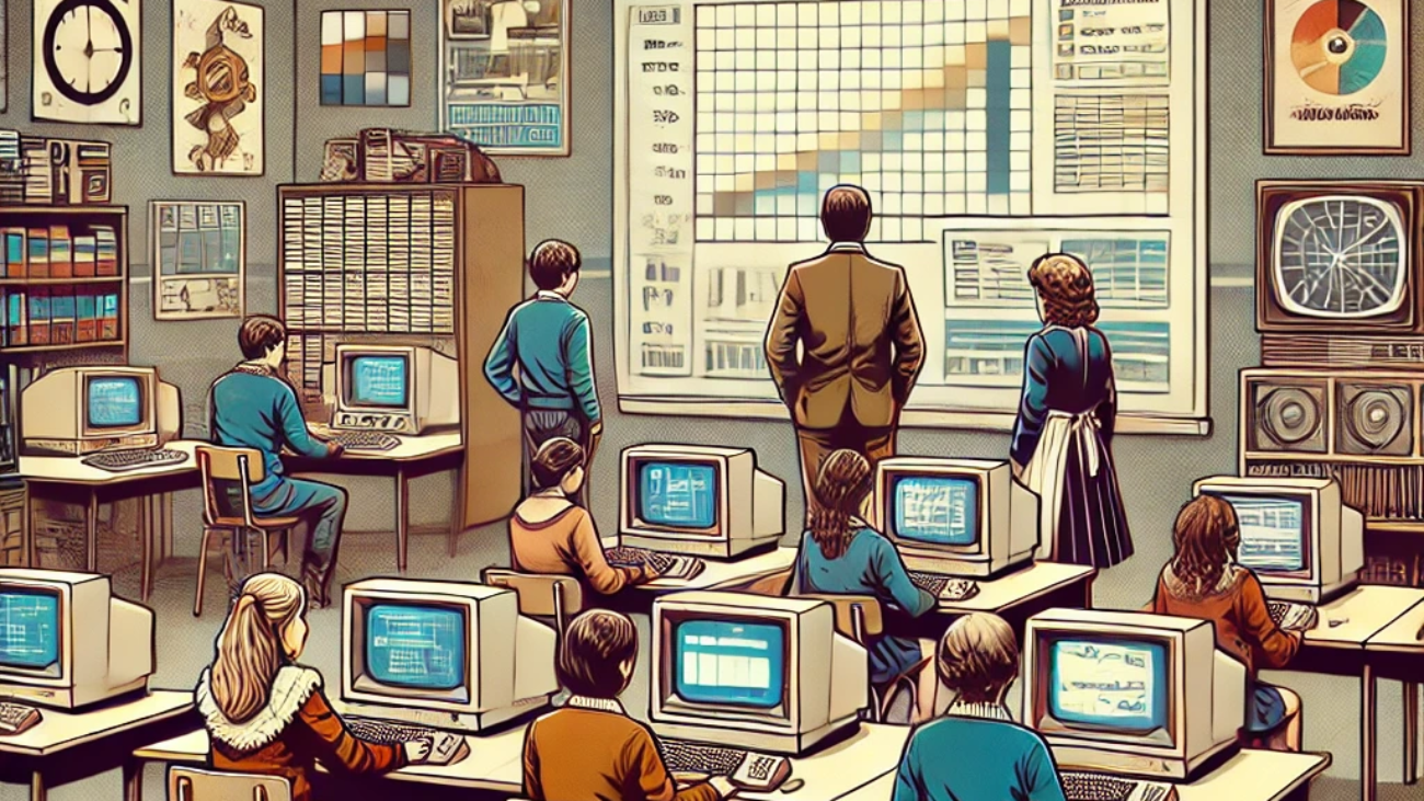 DALL·E 2024-06-27 11.41.32 - A 1980s-themed illustration of a classroom with a mix of traditional and futuristic elements. The scene shows students in vintage school uniforms usin