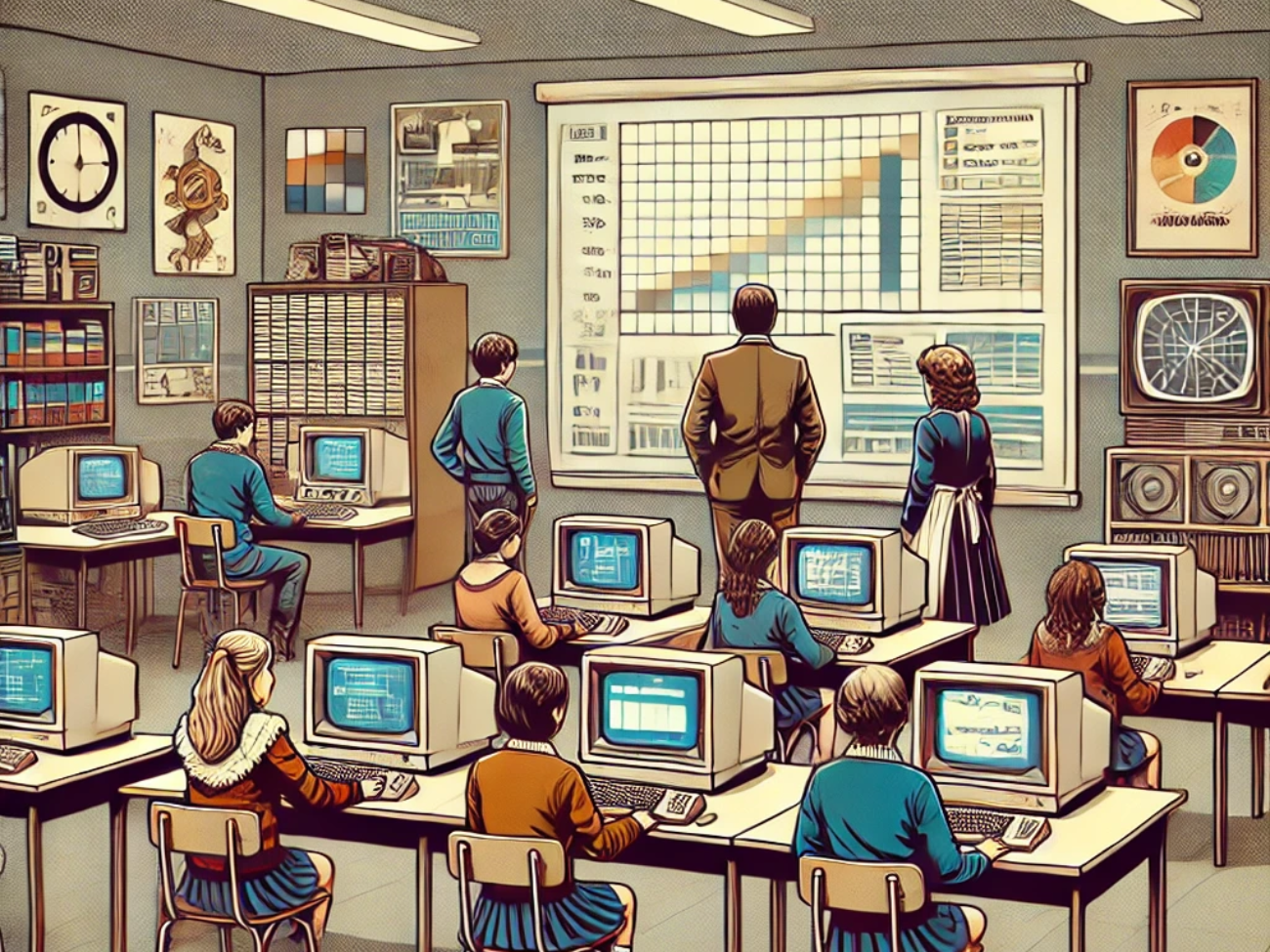 DALL·E 2024-06-27 11.41.32 - A 1980s-themed illustration of a classroom with a mix of traditional and futuristic elements. The scene shows students in vintage school uniforms usin