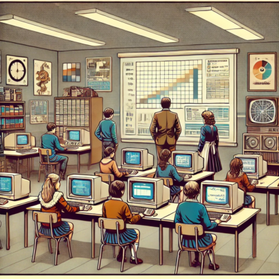 DALL·E 2024-06-27 11.41.32 - A 1980s-themed illustration of a classroom with a mix of traditional and futuristic elements. The scene shows students in vintage school uniforms usin