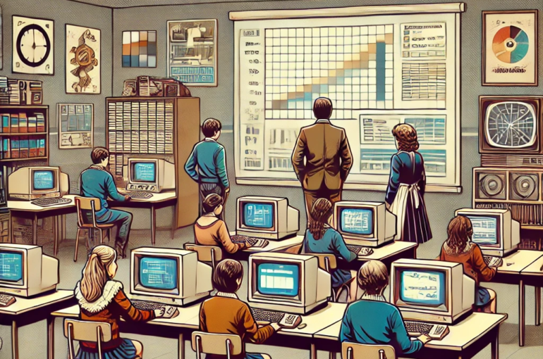 DALL·E 2024-06-27 11.41.32 - A 1980s-themed illustration of a classroom with a mix of traditional and futuristic elements. The scene shows students in vintage school uniforms usin