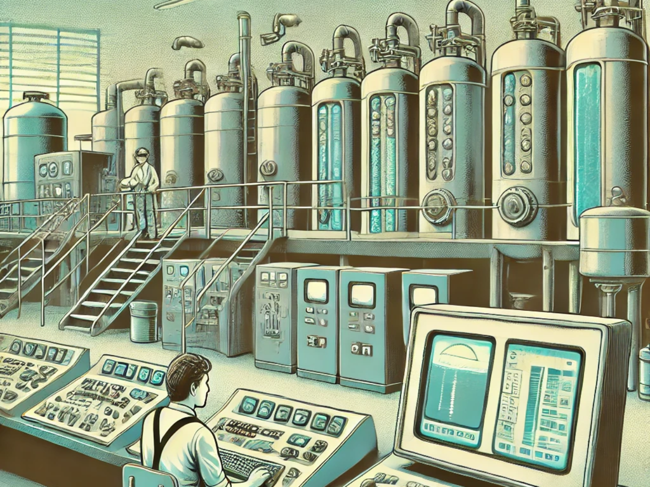 DALL·E 2024-06-27 11.53.33 - A 1980s-themed illustration of a water treatment plant using early automation technology. The scene shows workers in vintage attire operating large re