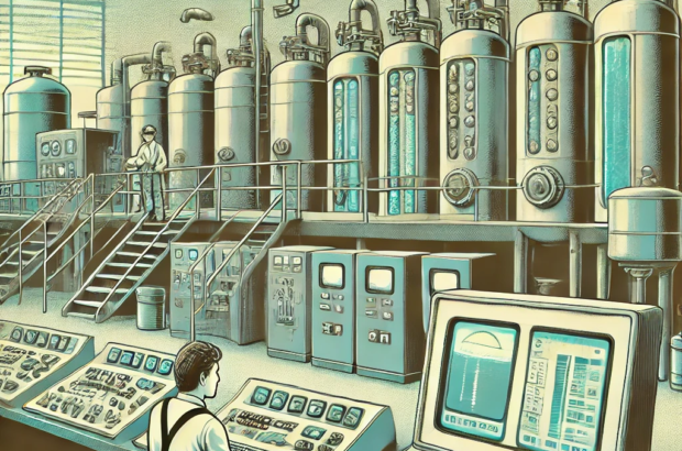 DALL·E 2024-06-27 11.53.33 - A 1980s-themed illustration of a water treatment plant using early automation technology. The scene shows workers in vintage attire operating large re