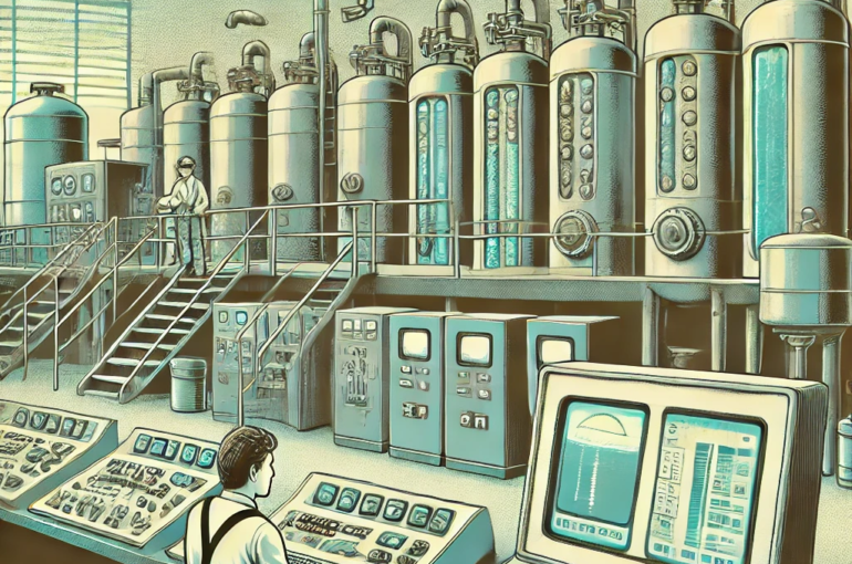 DALL·E 2024-06-27 11.53.33 - A 1980s-themed illustration of a water treatment plant using early automation technology. The scene shows workers in vintage attire operating large re