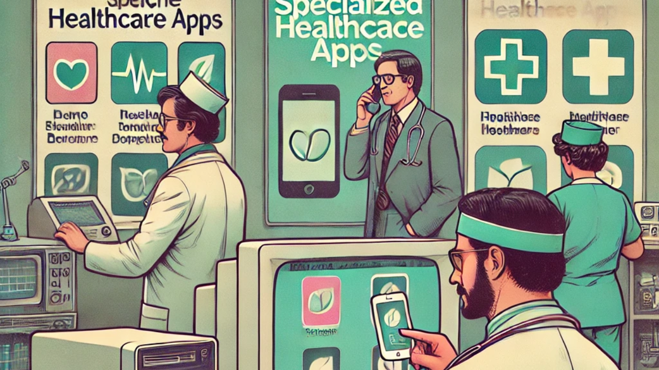 DALL·E 2024-06-27 12.42.41 - A 1980s-themed illustration of a niche app marketplace for healthcare. The scene shows vintage medical professionals using retro computers and early m