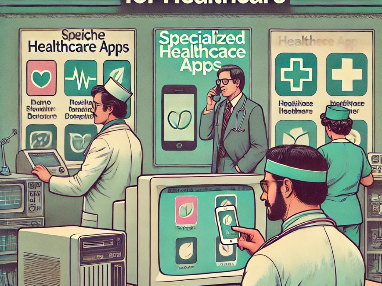 DALL·E 2024-06-27 12.42.41 - A 1980s-themed illustration of a niche app marketplace for healthcare. The scene shows vintage medical professionals using retro computers and early m