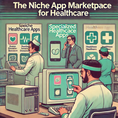 DALL·E 2024-06-27 12.42.41 - A 1980s-themed illustration of a niche app marketplace for healthcare. The scene shows vintage medical professionals using retro computers and early m