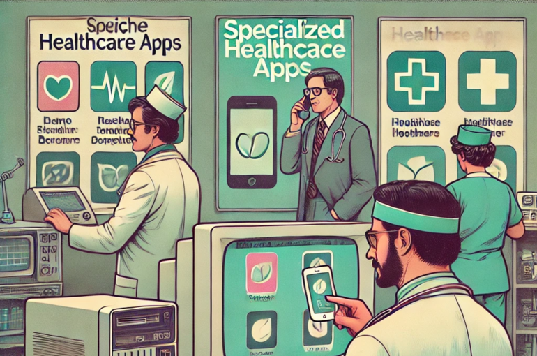 DALL·E 2024-06-27 12.42.41 - A 1980s-themed illustration of a niche app marketplace for healthcare. The scene shows vintage medical professionals using retro computers and early m