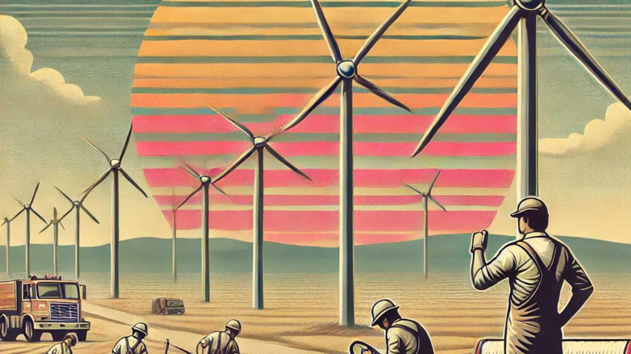 DALL·E 2024-06-27 13.45.26 - A 1980s-themed illustration of a wind energy farm. The scene shows vintage wind turbines on a vast open land with engineers in 1980s attire working on