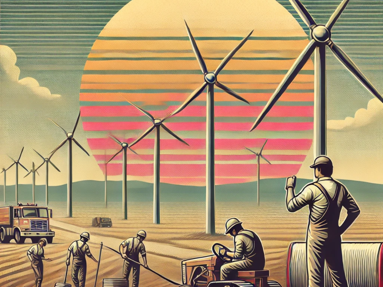 DALL·E 2024-06-27 13.45.26 - A 1980s-themed illustration of a wind energy farm. The scene shows vintage wind turbines on a vast open land with engineers in 1980s attire working on