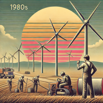 DALL·E 2024-06-27 13.45.26 - A 1980s-themed illustration of a wind energy farm. The scene shows vintage wind turbines on a vast open land with engineers in 1980s attire working on