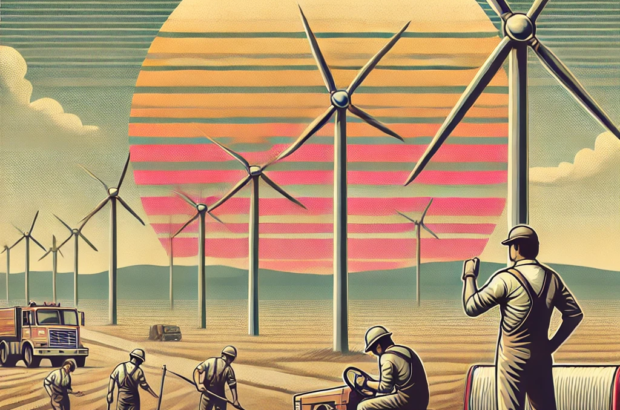 DALL·E 2024-06-27 13.45.26 - A 1980s-themed illustration of a wind energy farm. The scene shows vintage wind turbines on a vast open land with engineers in 1980s attire working on