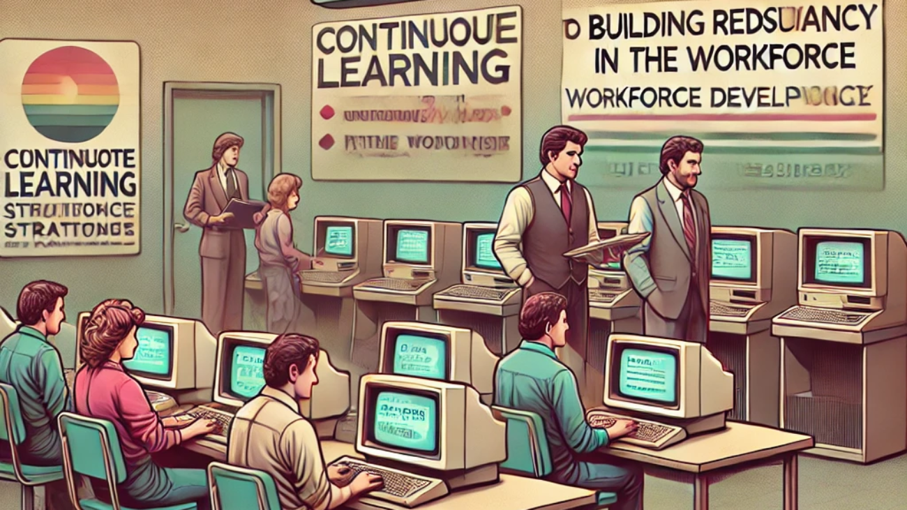 DALL·E 2024-06-27 13.53.02 - A 1980s-themed illustration of a training center focused on building redundancy in the workforce. The scene shows employees in vintage attire engaging