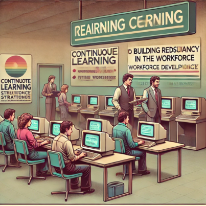 DALL·E 2024-06-27 13.53.02 - A 1980s-themed illustration of a training center focused on building redundancy in the workforce. The scene shows employees in vintage attire engaging