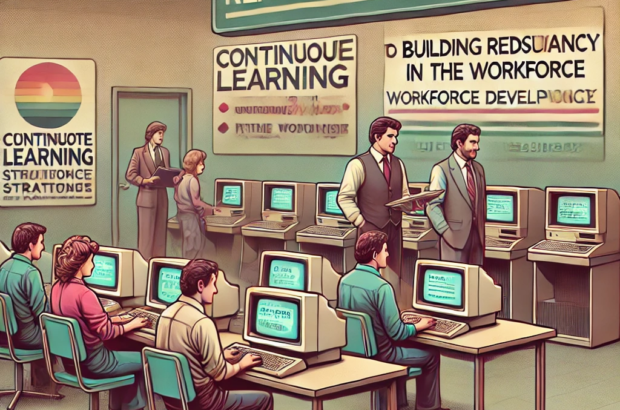 DALL·E 2024-06-27 13.53.02 - A 1980s-themed illustration of a training center focused on building redundancy in the workforce. The scene shows employees in vintage attire engaging