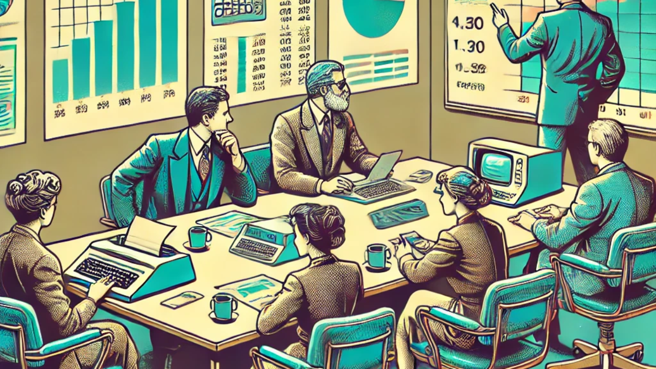 DALL·E 2024-06-27 14.17.40 - A 1980s-themed illustration of an accounting meeting room. The scene shows accountants in vintage attire discussing financial strategies and high-valu