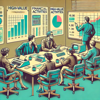 DALL·E 2024-06-27 14.17.40 - A 1980s-themed illustration of an accounting meeting room. The scene shows accountants in vintage attire discussing financial strategies and high-valu