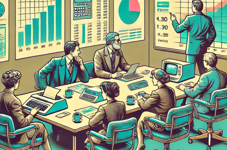 DALL·E 2024-06-27 14.17.40 - A 1980s-themed illustration of an accounting meeting room. The scene shows accountants in vintage attire discussing financial strategies and high-valu