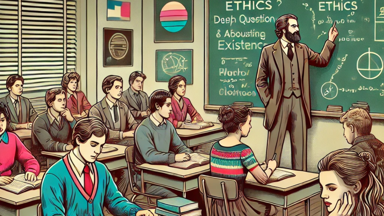 DALL·E 2024-06-27 14.26.56 - A 1980s-themed illustration of a philosophy class discussing deep questions about existence and ethics. The scene shows students in vintage attire sit