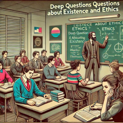 DALL·E 2024-06-27 14.26.56 - A 1980s-themed illustration of a philosophy class discussing deep questions about existence and ethics. The scene shows students in vintage attire sit